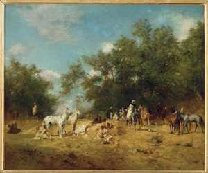 Arabiske ryttere stopper i et skogholt (maleri på lerret)
