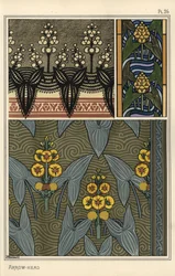 Pilspiss, Sagittaria sagittifolia, som designmotiv i broderi, glassmalerier og stoffmønstre