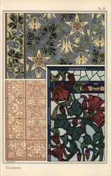 Akeleie, Aquilegia vulgaris, blomst i mønstre for tapet, glassmalerier og fliser