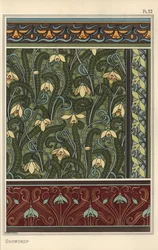 Snøklokke, Galanthus nivalis, som designmotiv i tapeter, border og stoffer