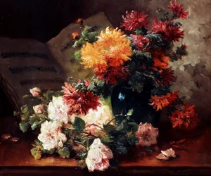 Krysantemum og roser. Maleri av Eugene Henri Cauchois (1850–1911). Privat samling.