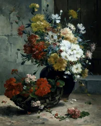 Stilleben av sommerblomster (pelargonier og tusenfryd). Maleri av Eugene Henri Cauchois (1850–1911). Privat samling.