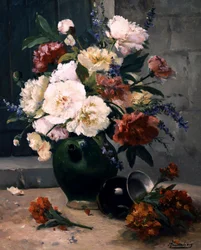 Stilleben med peoner og veggpryd. Maleri av Eugene Henri Cauchois (1850–1911). Privat samling.