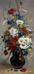 Stilleben av kornblomst, tusenfryd og valmuer. Maleri av Eugene Henri Cauchois (1850–1911 fransk) Privat samling