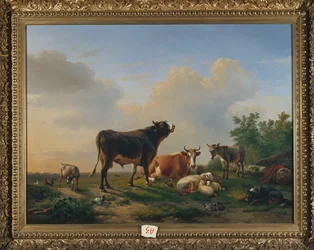 En okse, en ku, et esel, en geit, sauer og fjærkre i et vidstrakt landskap, 1849