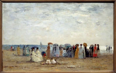 Badende på stranden i Trouville, Calvados. Maleri av Eugene Louis Boudin (1824-1898)
