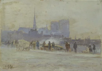 Notre-Dame, utsikt fra Quai de l#39;Hôtel-de-Ville, rundt 1900 (olje på tre)