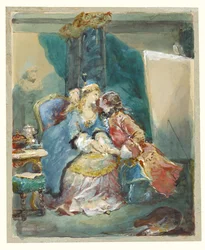 Et par som omfavner hverandre i et kunstnerstudio