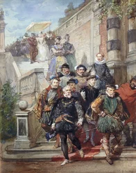En kongelig prosesjon som går ned en trapp i en hage, 1869