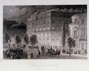 Animasjon rundt teatrene på boulevard des Italians i Paris. Gravering av Eugene Louis Lami (1800-1890) 1843 Privat samling