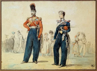 Balldress: to menn i militæruniform. Tegning av Eugene Louis Lami (1800-1890) Paris fra 1800-tallet, Louvre-museet