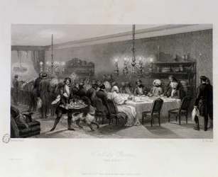 Middag på table d'hotes "" Hotel des princes"" i Paris. Gravering av Eugene Louis Lami (1800-1890) 1843 Privat samling