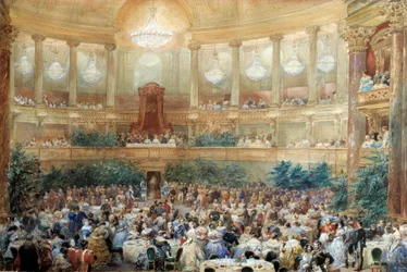 Middag tilbys av Napoleon III til dronning Victoria på rommet til Opera de Versailles 25. august