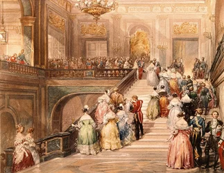 Kong Ludvig Filip I (1773-1850) og dronning Marie Amélie de Bourbon (1782-1866) mottar gjestene ved innvielsen av Versailles-museet i 1837. Illustrasjon av Eugène Lami (1800-1890).