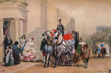 Damer som går inn i vognen deres på Belgrave Square, 1800-tallet
