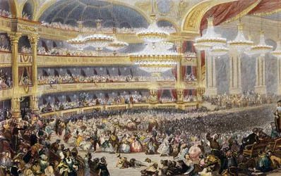 Maskeball ved Parisoperaen på 1800-tallet. Gravering av Eugène Lami (1800-1890).