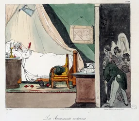Nattmoro. Barn er redde for å skremme en person som leser i sengen. Illustrasjon av boken "La vie de chateau"". Gravering av Eugene Louis Lami (1800-1890)