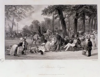 Passasjerer og turgåere på Champs Elysees (Champs-Elysees) i Paris. Gravering av Eugene Louis Lami (1800-1890) 1841 Privat samling