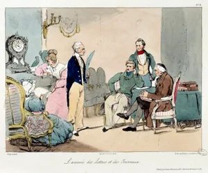 Ankomsten av brev og aviser. Illustrasjon av boken "La vie de chateau"". Gravering av Eugene Louis Lami (1800-1890)