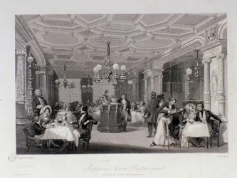 Utsikt over interiøret i restauranten "Les trois freres provencaux"" nær Palais Royal i Paris. Gravering av Eugene Louis Lami (1800-1890) 1843 Privat samling