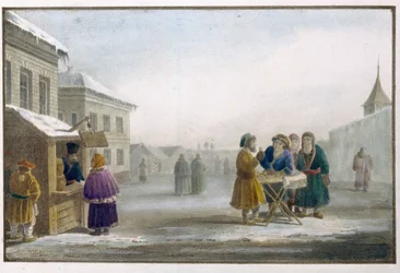 Omreisende tobakkselger foran en tobakksbutikk i Russland. Verk av Eugene Pluchart (1809-1880), litografi og akvarell