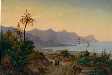 Eugen von Guérard – Sørlig kystlandskap med palmer, 1844
