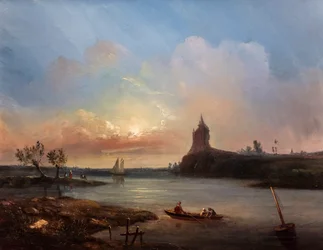 Utsikt over en elvemunning med fiskere og et imaginært slott