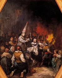 Dømt av inkvisisjonen. De dømte bærer capirote-hodeplagg, spisse kjegleformede hatter. Maleri av Eugenio Lucas Velázquez (1817-1870), omkring 1862. Prado-museet, Madrid