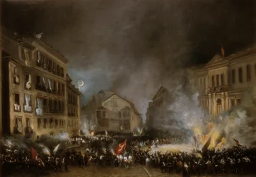 Episode av revolusjonen i 1854 i Puerta del Sol i Madrid. Maleri av Eugenio LUCAS VELAZQUEZ