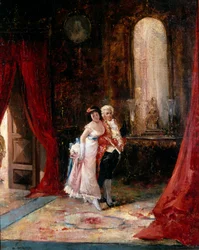 Selvtillit. En elegant ung kvinne går arm i arm med en betjent, blikket hennes er en blanding av nysgjerrighet og bekymring. Maleri av Eugenio Lucas Villamil (1858–1918). Olje på lerret. Privat samling.