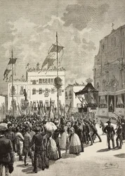 Avduking av monument til Victor Emmanuel II (1820-1878), første konge av Italia, i nærvær av Umberto I (1844-1900), konge av Italia, statue av Eugenio Maccagnani (1852-1930), Lecce, Italia