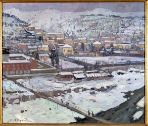 Utsikt over gener under snøen, Italia (Utsikt over Genova under snøen, Italia) Maleri av Eugenio Olivari (1882-1917) Dim 73x85 cm Genes, Galleria d