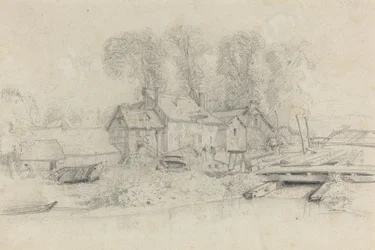Elvelandskap med bygninger, båter og figurer