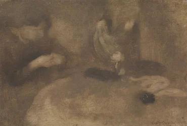 Kvinner som syr ved et bord, ca. 1894-96.