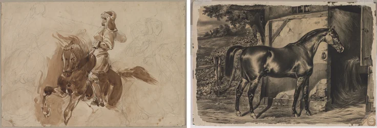Panserfigur på hesteryggen (recto); Hest foran en låve (verso)