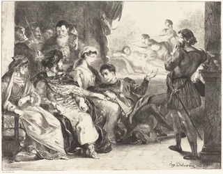 Spillere som utfører forgiftningen av Hamlets far (Act III, Scene II)