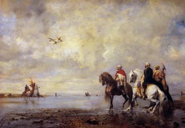 Hegre jakter arabiske ryttere som jakter hegre. Maleri av Eugene Fromentin (1820-1876) 1865 Søn. 0,99x1,42 m Chantilly, Musee Conde