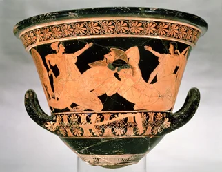 Attisk rødfigurert kalkkrater som viser Herakles i brytekamp med Antaios, fra Cerveteri, Italia, ca. 510 f.Kr.