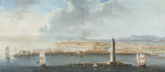 En utsikt over en havn fra havet, sannsynligvis Livorno (penn, brunt blekk og gouache)