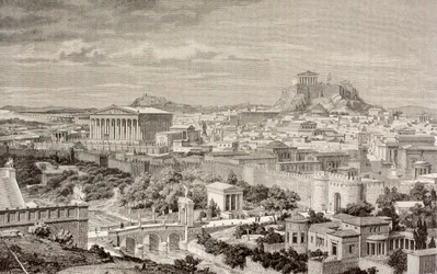 Kunstnerinntrykk av Athen, på keiser Hadrians tid, fra 