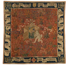 Mille fleurs-teppe som viser frodighet, våpenskjold og en vill mann, ca. 1500 (ull)