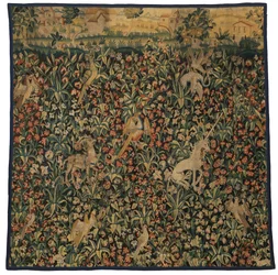 Mille fleurs billedvev fragment som viser dyr, fugler og landskap, ca. 1500 (ull)