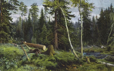 Scene i en skog med felte trær (fargelitografi)