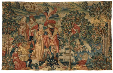 Tapet som viser pastoral scene med fruktplukking, eller The Seigneur in his Park eller Rural Alliance og fruktplukking, ca. 1500 (ull og silke)