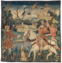 Tapet som viser Flight of the Heron 'Combat d'un Heron et un Faucon', muligens fra Touraine (ull)