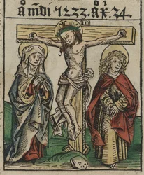 The Crucifixion, sent på 1400-tallet (håndfarget tresnitt)