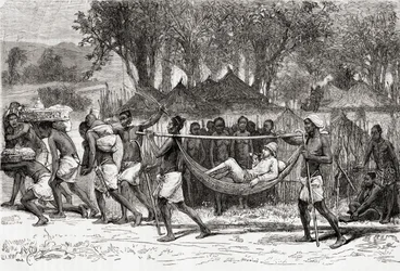 Verney Lovett Cameron ankommer landsbyen Oulonnda, Afrika, 1878 (tregravering)