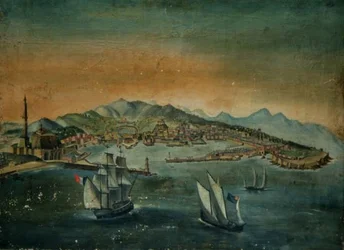 Utsikt over en havn med et fyrtårn på en odde, ca. 1800