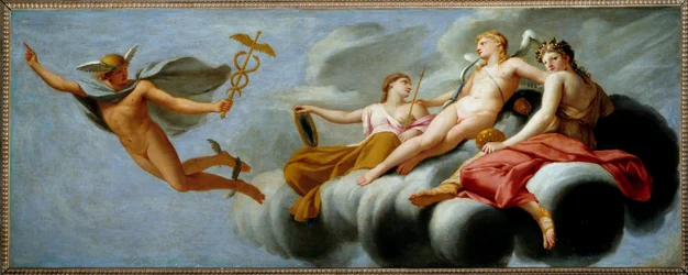 Amor befaler Merkur å kunngjøre sin makt for universet. Hermes har mistet sitt attributt. Maleri av Eustache Le Sueur (1617-1655), 1646, Sun. 1x2,5 m.