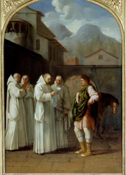 Saint Bruno (1030-1101), grunnlegger av karteuserordenen mottar en melding fra pave Urban II (Urbano II)